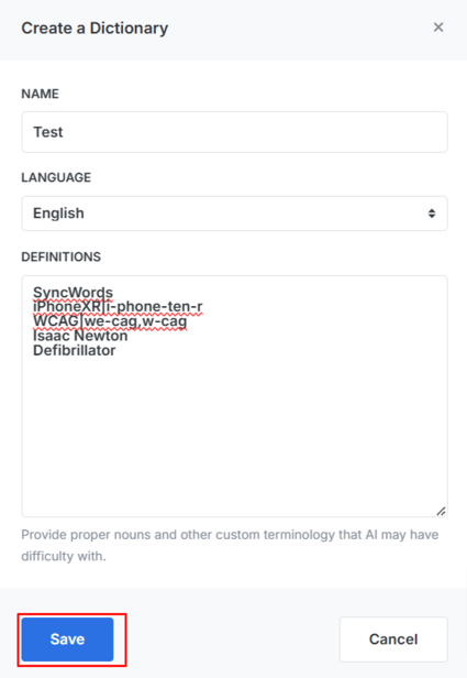 Modal for Dictionary